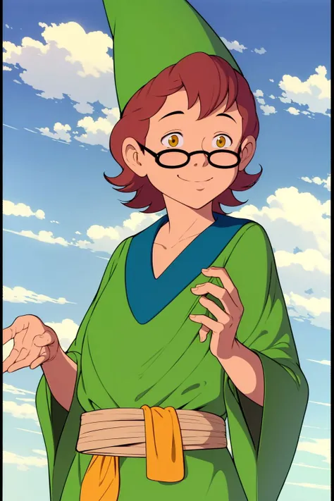 presto <lora:presto_dnd_V1:1>, green hat, cone hat, green robe, dark green chemise, round glasses, yellow sash, blue sky, cloud, day, outdoors, smile, solo, sky background, upper body, absurdres