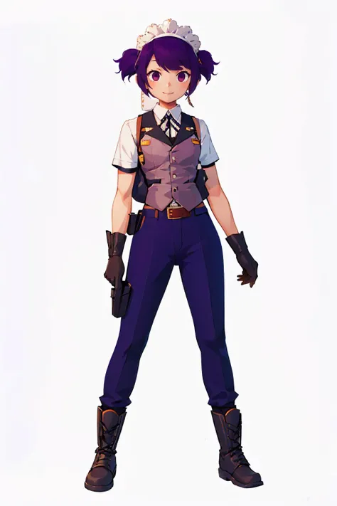 (masterpiece, best quality:1.2), solo, 1girl, kikunop3, smile, looking at viewer, maid headdress, short hair, purple hair, short twintails, vest, shirt, gloves, pants, boots, holster <lora:zs_Kikuno:1>