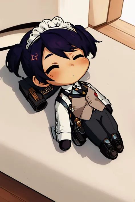 (masterpiece, best quality:1.2), QiqiFallen, chibi, solo, 1girl, kikunop3, on back, maid headdress, short hair, purple hair, short twintails, vest, shirt, gloves, pants, holster, boots <lora:zs_Kikuno:1> <lora:QiqiFallen:1>
