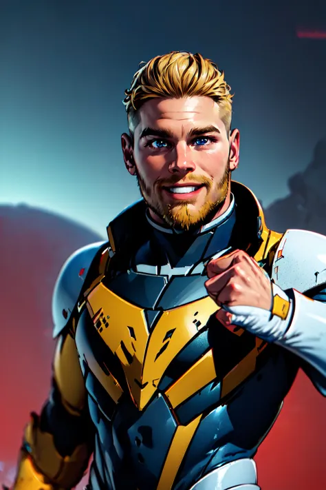 Star Lord, (masterpiece, best quality, ultra-detailed, highres),weapon, 1boy, male focus, solo, facial hair, blonde hair, smile, looking at viewer, blue eyes, realistic, upper body, beard, bodysuit, science fiction, power armor, clenched hand, fist in the air, white armor, armor <lora:Star_Lord-10:0.7>