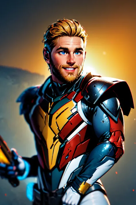 Star Lord, (masterpiece, best quality, ultra-detailed, highres),weapon, 1boy, male focus, solo, facial hair, blonde hair, smile, looking at viewer, blue eyes, realistic, upper body, beard, bodysuit, science fiction, power armor, clenched hand, fist in the air, white armor, armor <lora:Star_Lord-10:0.7>