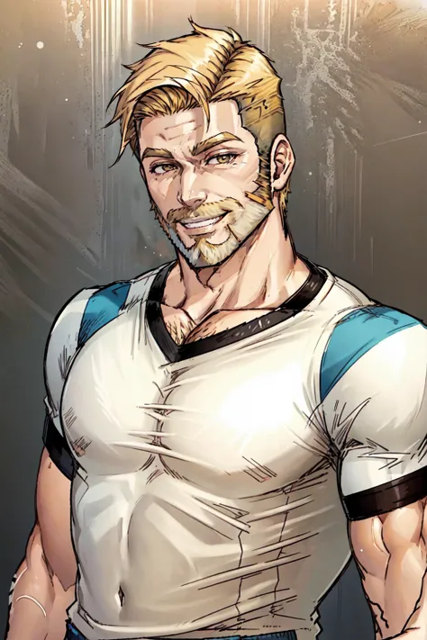 (masterpiece),(Very detailed),(Very detailed),(best quality), perfect lighting, hunk man, bara, boybuilder, ultra muscular, big pecs, ((short messy ginger hair)), tall, stunning, beautifull face, green eyes, tanktop, animated style, perfect face, highest detail, stubble, detailed face, intricate details, expresionless