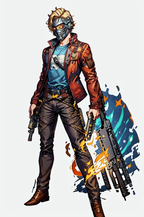 <lora:StarLordV2:0.8> Star_Lord, solo, blonde hair, shirt, 1boy, holding, jacket, weapon, male focus, belt, pants, holding weapon, gun, mask, fire, holding gun, red jacket, handgun, dual wielding