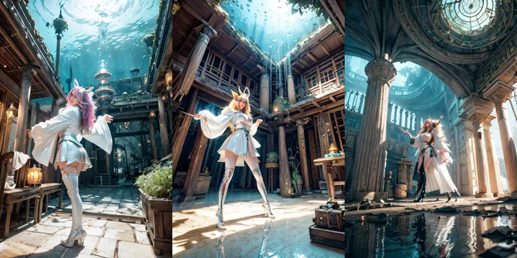 (otherworldly, otherworldly atmosphere, otherworldly appearance), highly insanely detailed, masterpiece, top quality, best quality, highres, 4k, 8k, RAW photo, ((ancient egyptian theme:1.2)), Hong Kong structure, structure, 
(mystical theme), mystical gatmosphere, arcane sanctuaries, otherwordly aura, 
(long_hair, long hair, random colors hair, glowing hair, hair over one eye, long messy hair), 
(eyelashes, eyeliner, eyeshadow, eyelashes, long eyelashes), 
collar, earrings, jewelry, necklace, armlet, 
tentacle, (underwater), nsfw, 
Homestay, Resort, (Guest House:1.1), 
building, structure, swirling energy, 
action pose, 
drunk, 
high-heels, 
reflection, reflective floor, 
shawl, 
abandoned building, shopping mall, overgrown with vegetation, [volumetric fog], cinematic lighting, colorfu, 
belly bottom, erotic lingerie, 
<lora:dwarf_oil4:0.6>, dwarfoil:0.41, full_shot, (pose:1.8)((from side,(from below:1.1))), from above, parted lips, blush, castle, (giggling:1.4), <lora:ArknightsUtageNOREG:0.55>, (gigantic breasts:1.6), ((OriginalOutfit:1.7)), thighhighs, (open_white_jacket:1.5), grey_dress, blond_hair, animal_ears, huge_breasts, short_hair, tail, (fantasy world)