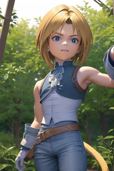 zidanetribal, <lora:zidane tribal-lora-nochekaiser:1>,
zidane tribal, short hair, blue eyes, blonde hair, brown hair, male focus, (parted bangs:1.5),
BREAK shirt, gloves, bare shoulders, tail, white shirt, boots, sleeveless, belt, pants, vest, sleeveless shirt, blue pants, grey gloves, monkey tail,
BREAK outdoors, castle,
BREAK looking at viewer, (cowboy shot:1.5), dynamic pose,
BREAK <lyco:GoodHands-beta2:1>, (masterpiece:1.2), best quality, high resolution, unity 8k wallpaper, (illustration:0.8), (beautiful detailed eyes:1.6), extremely detailed face, perfect lighting, extremely detailed CG, (perfect hands, perfect anatomy),