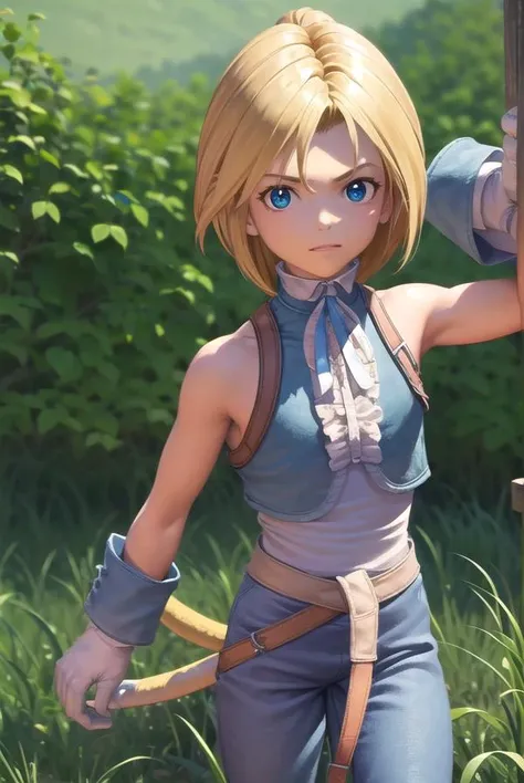 zidanetribal, <lora:zidane tribal-lora-nochekaiser:1>,
zidane tribal, short hair, blue eyes, blonde hair, brown hair, male focus, (parted bangs:1.5),
BREAK shirt, gloves, bare shoulders, tail, white shirt, boots, sleeveless, belt, pants, vest, sleeveless shirt, blue pants, grey gloves, monkey tail,
BREAK outdoors, castle,
BREAK looking at viewer, (cowboy shot:1.5), dynamic pose,
BREAK <lyco:GoodHands-beta2:1>, (masterpiece:1.2), best quality, high resolution, unity 8k wallpaper, (illustration:0.8), (beautiful detailed eyes:1.6), extremely detailed face, perfect lighting, extremely detailed CG, (perfect hands, perfect anatomy),