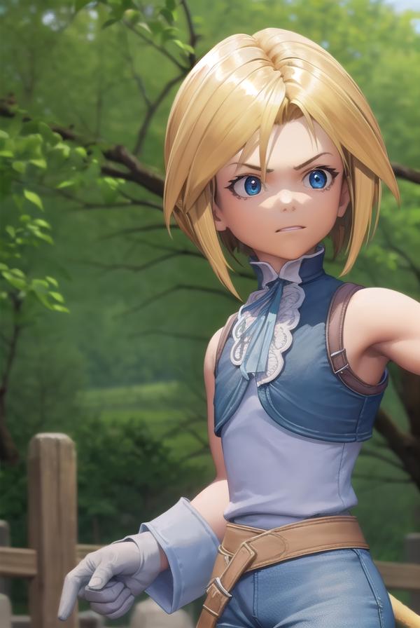A woman in a blue top and jeans holding a sword - SeaArt AI