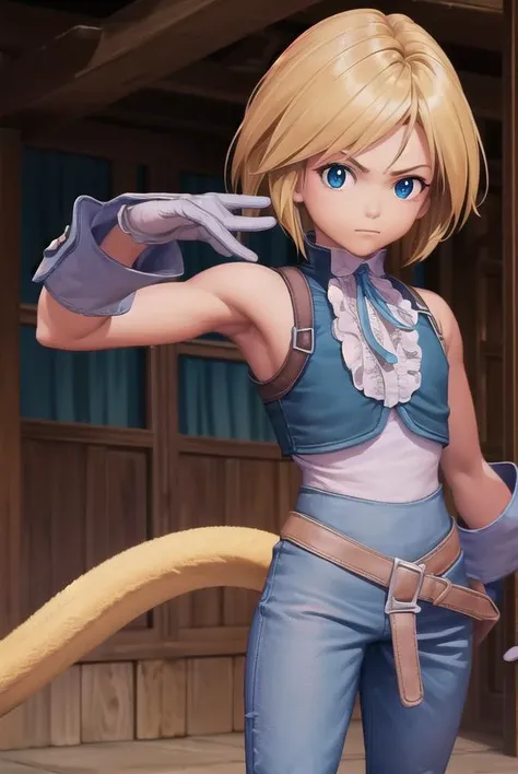zidanetribal, <lora:zidane tribal-lora-nochekaiser:1>,
zidane tribal, short hair, blue eyes, blonde hair, brown hair, male focus, (parted bangs:1.5),
BREAK shirt, gloves, bare shoulders, tail, white shirt, boots, sleeveless, belt, pants, vest, sleeveless shirt, blue pants, grey gloves, monkey tail,
BREAK outdoors, castle,
BREAK looking at viewer, (cowboy shot:1.5), dynamic pose,
BREAK <lyco:GoodHands-beta2:1>, (masterpiece:1.2), best quality, high resolution, unity 8k wallpaper, (illustration:0.8), (beautiful detailed eyes:1.6), extremely detailed face, perfect lighting, extremely detailed CG, (perfect hands, perfect anatomy),