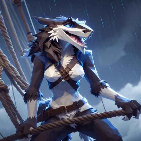 low-poly style medium shot portrait of a fluffy sergal pirate climbing the rigging of her ship during a raging storm, black fur, white fur, blue eyes, dramatic lighting, lightning flash<lora:Sergal-XL-1.0-000014:1> . low-poly game art, polygon mesh, jagged, blocky, wireframe edges, centered composition