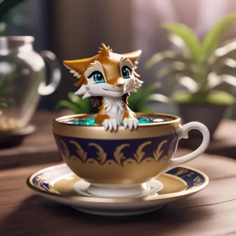 cinematic photo a chibi sergal bathing in a teacup<lora:Sergal-XL-1.0-000014:1> . 35mm photograph, film, bokeh, professional, 4k, highly detailed