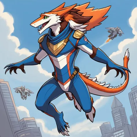 comic a sergal in a spendex superhero suit flying through the sky with a jetpack to save the day<lora:Sergal-XL-1.0-000014:1> . graphic illustration, comic art, graphic novel art, vibrant, highly detailed