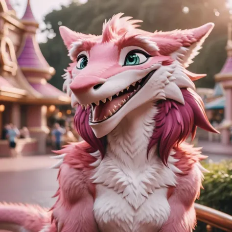 cinematic photo medium shot portrait of a luxuriously fluffy pink sergal having the time of her life at disneyland<lora:Sergal-XL-1.0-000014:1> . 35mm photograph, film, bokeh, professional, 4k, highly detailed