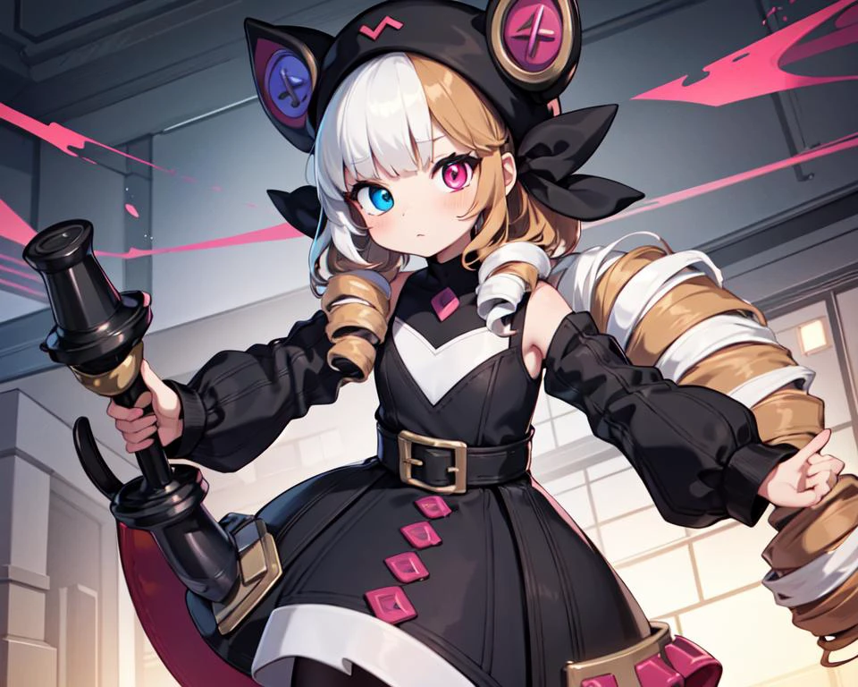 masterpiece, best quality, highly detailed,
, <lora:Soul_Fighter_Gwen:0.8>,Soul_Fighter_Gwen,see-through dress, multicolored_eyes, heterochromia, twin_drills ringlets,, long_hair, black_headwear,