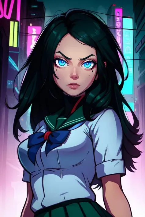 annflores. black hair, blue eyes, mole under left eye, long hair,
school uniform, green skirt,
looking at viewer, standing, upper body, serious,
cyberpunk, night, neon lights,
(insanely detailed, beautiful detailed face, masterpiece, best quality)
<lora:annflores:0.8>