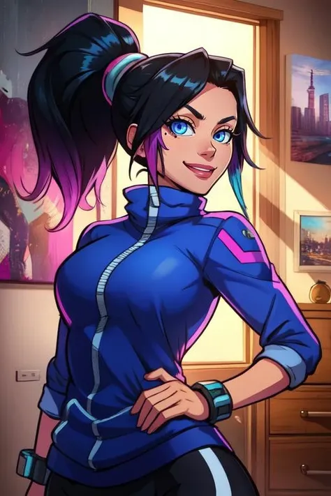 annflores. black hair, blue eyes, ponytail, mole under eye,
multicolored jacket, wrist cuffs, yoga pants, zipper,
smiling, looking at viewer, standing, upper body,
cyberpunk, apartment, indoors,
(insanely detailed, beautiful detailed face, masterpiece, best quality)
<lora:annflores:0.8>