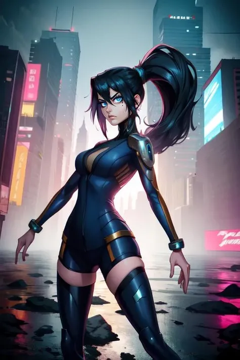 annflores. black hair, blue eyes, ponytail, mole under left eye,
bodysuit, legs, thigh boots,
looking at viewer, standing, upper body, serious,
cyberpunk, city, night,
(insanely detailed, beautiful detailed face, masterpiece, best quality)
<lora:annflores:0.8>
