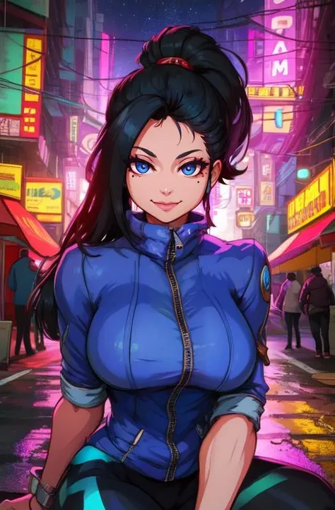 annflores. black hair, blue eyes, ponytail, mole under eye, blue jacket, wrist cuffs, yoga pants, zipper, smiling,
outside,  diner, sitting,  solo,  night, cyberpunk, 
(insanely detailed, beautiful detailed face,beautiful detailed eyes, masterpiece, best quality)   <lora:annflores-10v7:0.8>