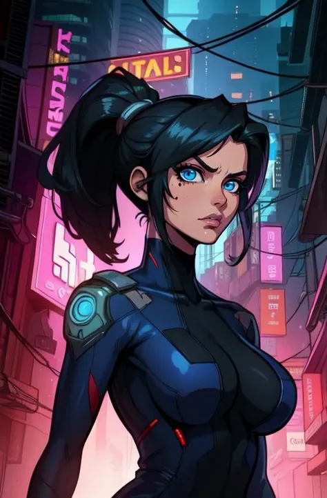annflores. black hair, blue eyes, ponytail, mole under left eye, bodysuit,
looking at viewer, standing, upper body, serious,
cyberpunk, city, night, building,
(insanely detailed, beautiful detailed face,beautiful detailed eyes, masterpiece, best quality) <lora:annflores-10v7:0.8>