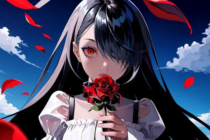 1girl, solo, flower, red eyes, holding flower, red flower, holding, petals, long hair, sky, rose, hair over one eye, long sleeves, looking at viewer, black hair, puffy sleeves, dress, parted lips, upper body, red rose, bangs, juliet sleeves, cloud, outdoors, collar, blue sky, colored skin, choker <lora:SilvermoonMix14:1>