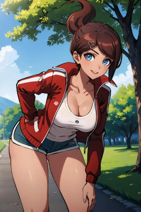 masterpiece, best quality, <lora:aoiasahina-nvwls-v1-000009:1> asahina aoi, hairclip, red jacket, cleavage, white tank top, short shorts, thighs, large breasts, park, outdoors, from side, smile, looking at viewer, leaning forward