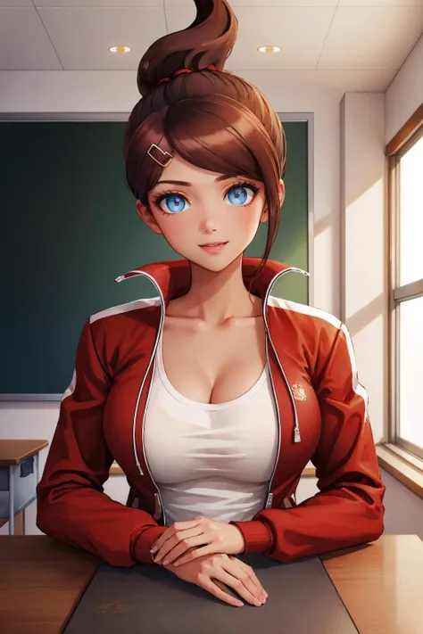 masterpiece, best quality, asahina aoi, hairclip, red jacket, cleavage, white tank top, short shorts, upper body, large breasts, smile, classroom, looking at viewer