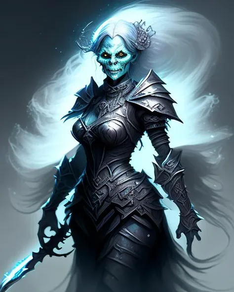 A scary ghst-4000, ghost girl, cute, breasts, long hair, armor