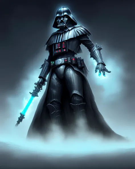 gloomy portrait of Zombie Darth Plagueis from Star Wars, extremely detailed, futuristic cityscape, nighttime, glowing neon lights, smoke, sparks, metal shavings, flying debris, blue energy effects, volumetric light