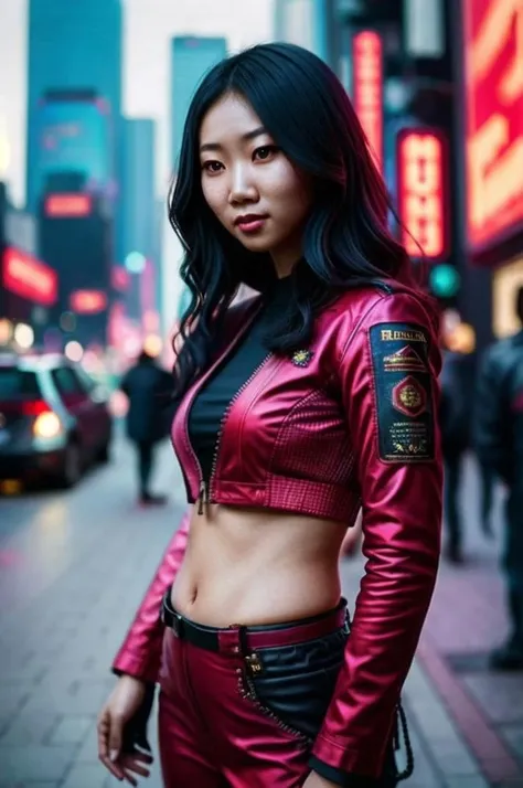 A stunning intricate full color portrait of a slim (vietnamese:0.4) women,wearing a cool cyberpunk outfit,cyberpunk city in the background, having fun, epic character composition,by ilya kuvshinov, alessio albi, nina masic,sharp focus, natural lighting, subsurface scattering, f2, 35mm, film grain, half body shot <lora:LunaOkko:1>