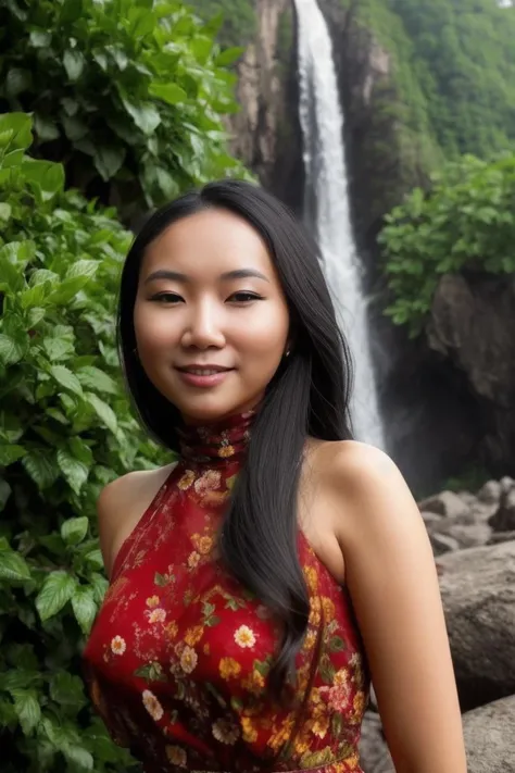 A stunning intricate full color portrait of a beautiful vietnamese women, wearing a high neck floral dress, flower in hair, waterfall in background, having fun, epic character composition,by ilya kuvshinov, alessio albi, nina masic,sharp focus, natural lighting, subsurface scattering, f2, 35mm, film grain, full body in the picture <lora:LunaO:1>