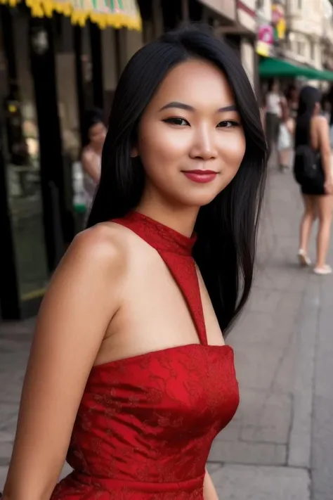 A stunning intricate full color portrait of a beautiful vietnamese women, wearing a long high neck red dress, crowded street, spectators, happy, epic character composition,by ilya kuvshinov, alessio albi, nina masic,sharp focus, natural lighting, subsurface scattering, f2, 35mm, film grain, portait, closeup, very detailed skin texture <lora:LunaO:1>