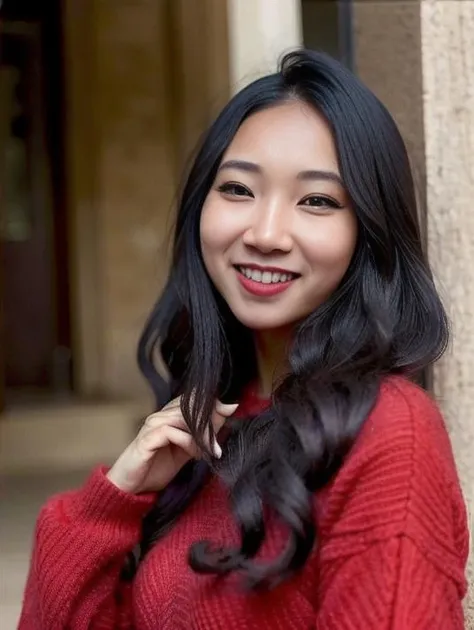1girl,wearing a red sweater, (on street), bokeh, smile, (RAW photo, best quality), (realistic, photo-realistic), masterpiece, an extremely delicate and beautiful, extremely detailed, 2k wallpaper, Amazing, finely detail, extremely detailed CG unity 8k wallpaper, ultra-detailed, highres, soft light, beautiful detailed girl, bokeh, extremely detailed eyes and face,beautiful detailed nose,beautiful detailed eyes,morning lighting,perfect anatomy   <lora:LunaO:1>