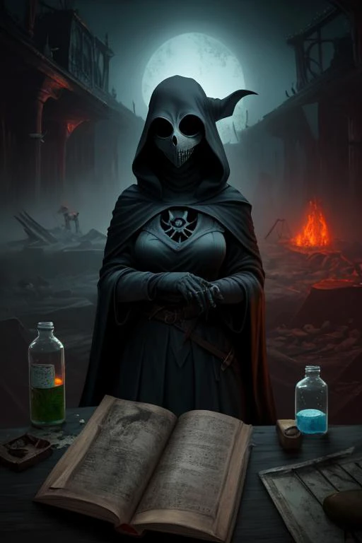 best quality,masterpiece,1 girl, adult woman, blue eyes, black wedge cut hair, ombre, solo, (full body:0.6), looking up, detailed background, detailed face, (hogwarts theme:1.1) acid-wizard, hooded plague doctor clothes, evil grin, dynamic pose, glowing eyes, casting corrosive magic curse, old tattered spellbook, glowing toxic tattoos, skull and bones symbol, alchemical laboratory in background, backlighting, fantasy atmosphere,,