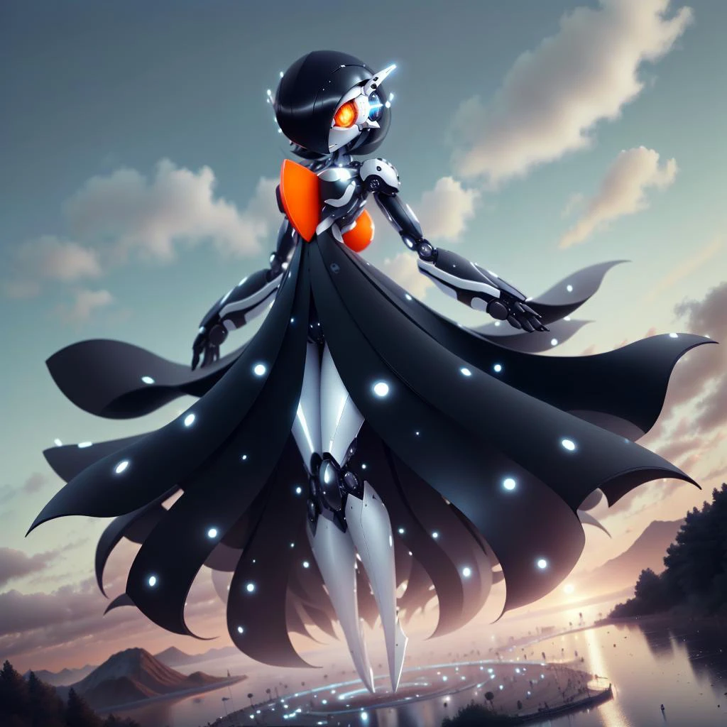 <lora:LEDarrayTech-20:0.8> , ledarraytech , scifi, geometrical , synthetic,
best quality, (Masterpiece) , full body, simple background , dynamic pose, <lora:gardevoir_V2:1>, (black hair), black skin , hair over one eye, multicolored skin, pokemon \(creature\), orange eyes, short hair, two-tone skin, white skin , cloudy sky, wide shot, glowing eyes, floating object, hills, gardevoir , long skirt , robotic eyes,