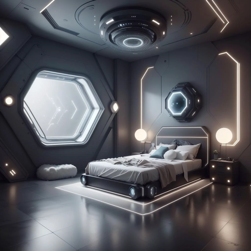 <lora:LEDarrayTech-20:0.8> , ledarraytech , scifi, geometrical , tron,
futuristic bedroom