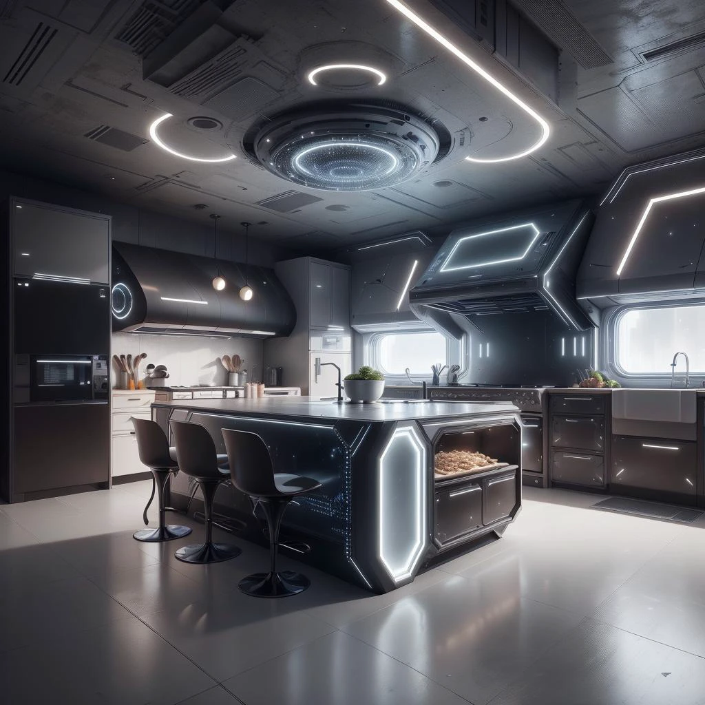 <lora:LEDarrayTech-20:0.8> , ledarraytech , scifi, geometrical , tron,
futuristic kitchen