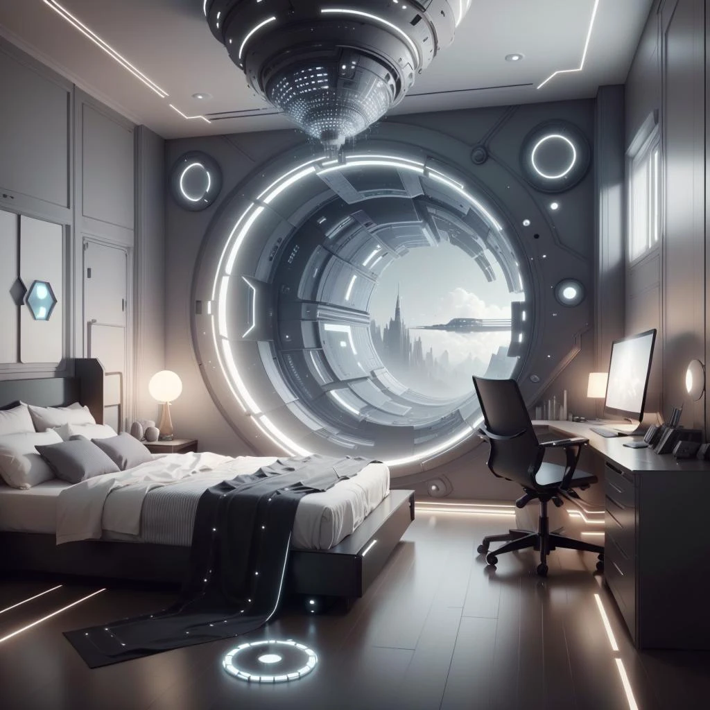 <lora:LEDarrayTech-20:0.8> , ledarraytech , scifi, geometrical , tron,
futuristic bedroom