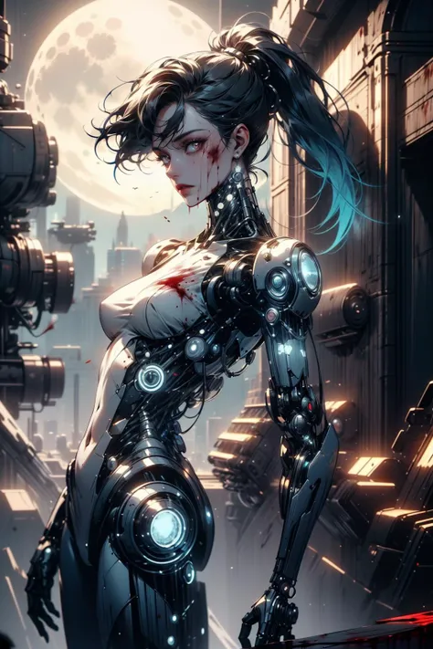 (masterpiece:1.1), (best quality:1.1), (detailed:1.1), (vibrant colors:1.2), BREAK,
(dark fantasy:1.1), (futuristic:1.1), (scifi:1.0), (moonlight:1.0), (dark:1.0), (darkness:1.0), (dimly lit:1.0), <lora:epi_noiseoffset2:1.2>, BREAK,
(solo:1.2), (dynamic angle:1.0), (cowboy shot:1.0), (ponytail:1.0), (cyborg:1.1), (cybernetic limbs:1.1), (looking at viewer:1.0), (scars:1.0), (reelmech:1.0), (geometrical:1.0), (glowing:1.0), (covered in blood:1.4), <lora:reelmech1v2:0.8>, <lora:LEDarrayTech-20:0.8>,