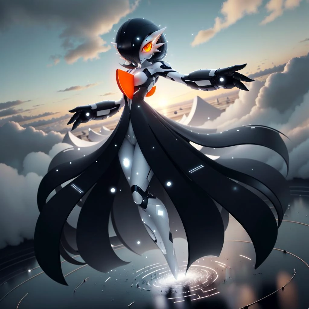 <lora:LEDarrayTech-20:0.8> , ledarraytech , scifi, geometrical , synthetic,
best quality, (Masterpiece) , full body, simple background , dynamic pose, <lora:gardevoir_V2:1>, (black hair), black skin , hair over one eye, multicolored skin, pokemon \(creature\), orange eyes, short hair, two-tone skin, white skin , cloudy sky, wide shot, glowing eyes, floating object, hills, gardevoir , long skirt ,