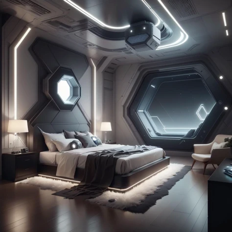 <lora:LEDarrayTech-20:0.8> , ledarraytech , scifi,   geometrical ,   tron, 
futuristic bedroom