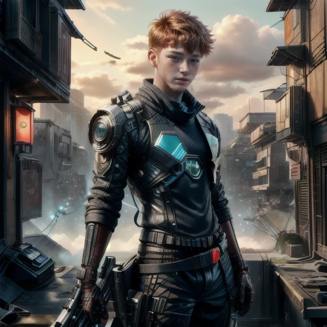 action portrait of <lora:dg_Finn_v1:1> dg_Finn as a cyberpunk mercenary <lora:LEDarrayTech-20:0.34> ledarraytech, <lora:ShinobiTech:0.6>, bulky metal, shinobitech,, (Cyberpunk style :0.8), Neon, dystopian, futuristic, digital, vibrant, detailed, high contrast, reminiscent of cyberpunk genre, quarter turn,1/4 body pose, upper body view, averted gaze, Holding a mikuru beam, RAW photo, full sharp, (FullHD epic wallpaper) 8k uhd, dslr, soft lighting, high quality, film grain, Fujifilm XT3, <lora:more_details:0.75>, <lora:sharpen-soften:-0.4>,<lora:hipoly3DModelLora_v20:0.3>