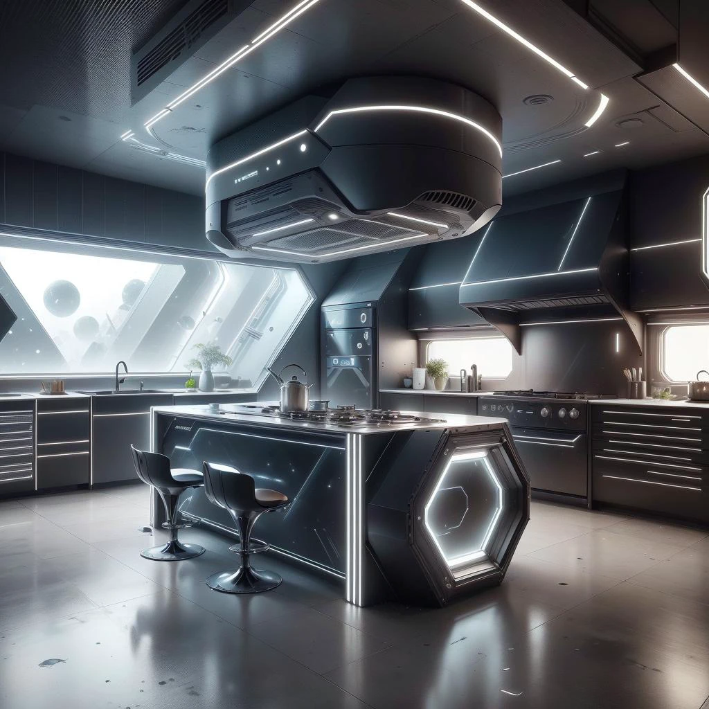 <lora:LEDarrayTech-20:0.8> , ledarraytech , scifi, geometrical , tron,
futuristic kitchen
