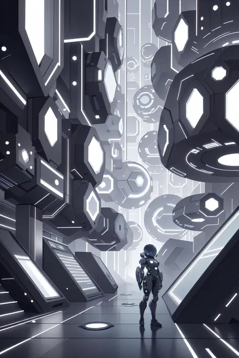 a man standing in a futuristic space with futuristic lights