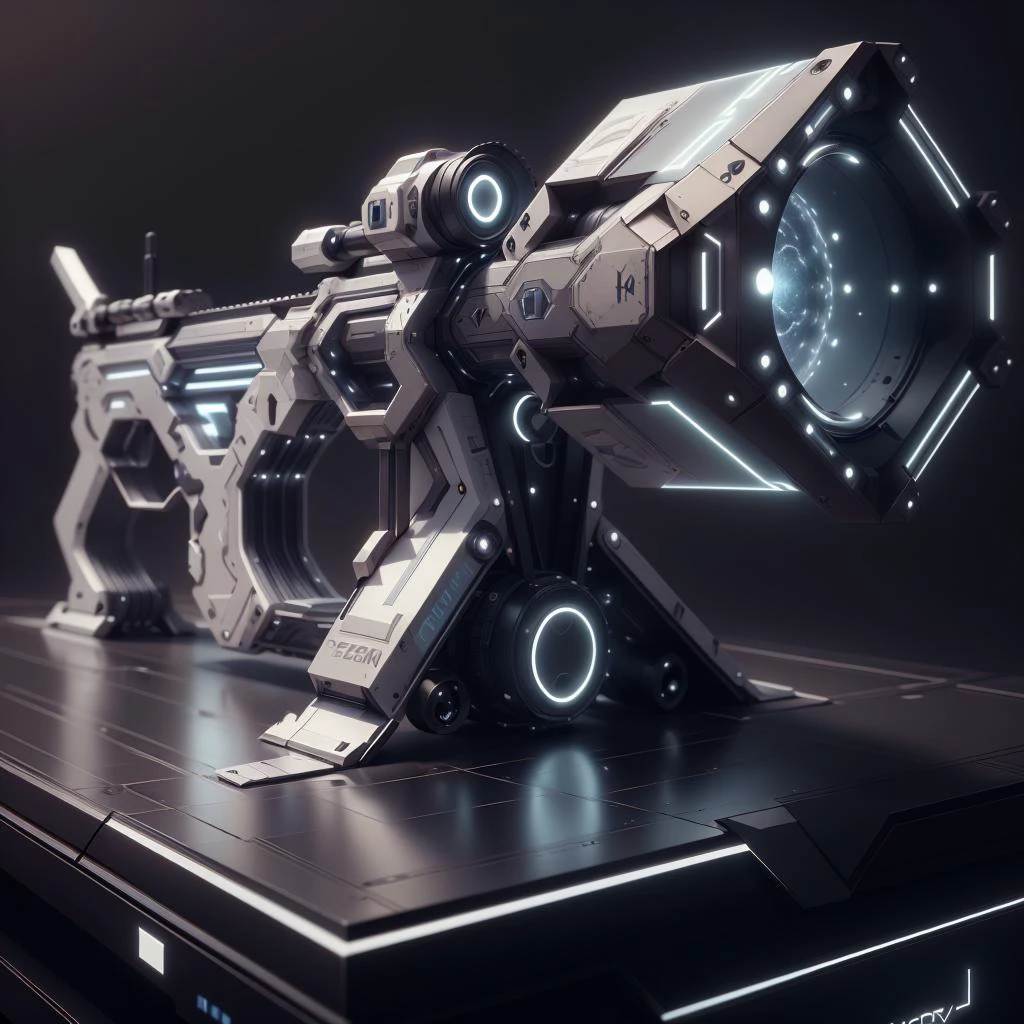 <lora:LEDarrayTech-20:0.8> , ledarraytech , scifi, geometrical , tron,
(rifle on table) , (simple background:1.3), , product commercial,