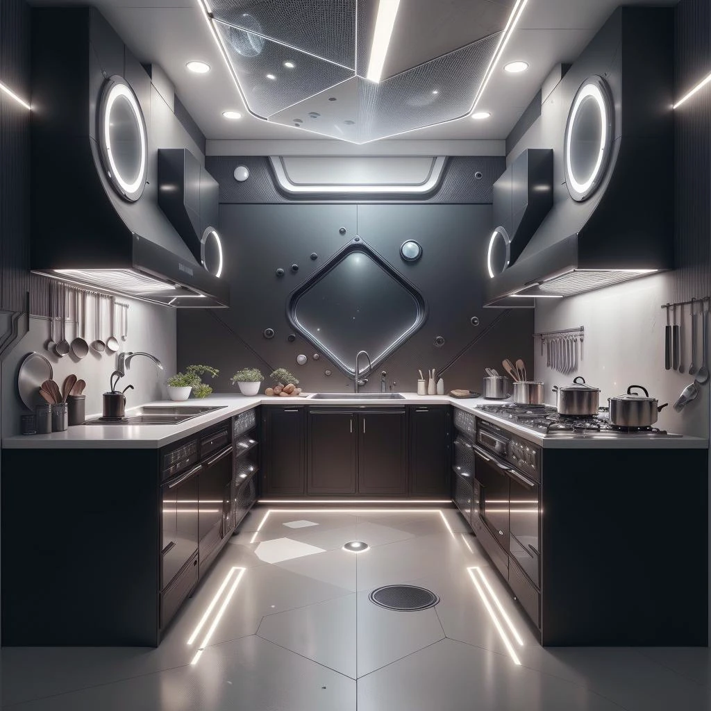 <lora:LEDarrayTech-20:0.8> , ledarraytech , scifi, geometrical , tron,
futuristic kitchen