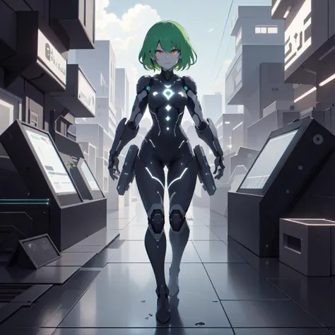 <lora:LEDarrayTech-20:0.8> , ledarraytech , scifi,   geometrical , full body, 
scholar , scroll, 1girl,short hair, green hair, glowing eyes, smile ,closed mouth,