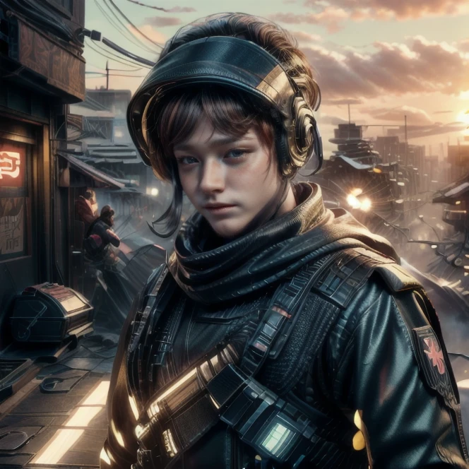action portrait of <lora:dg_Finn_v1:1> dg_Finn as a cyberpunk mercenary <lora:LEDarrayTech-20:0.34> ledarraytech, <lora:ShinobiTech:0.6>, neon lights, shinobi, shinobitech, (Cyberpunk style :0.8), Neon, dystopian, futuristic, digital, vibrant, detailed, high contrast, reminiscent of cyberpunk genre, (candid photography:0.9), quarter turn,1/4 body pose, upper body view, averted gaze, RAW photo, full sharp, (FullHD epic wallpaper) 8k uhd, dslr, soft lighting, high quality, film grain, Fujifilm XT3, <lora:more_details:0.75>, <lora:sharpen-soften:-0.4>,<lora:hipoly3DModelLora_v20:0.3>