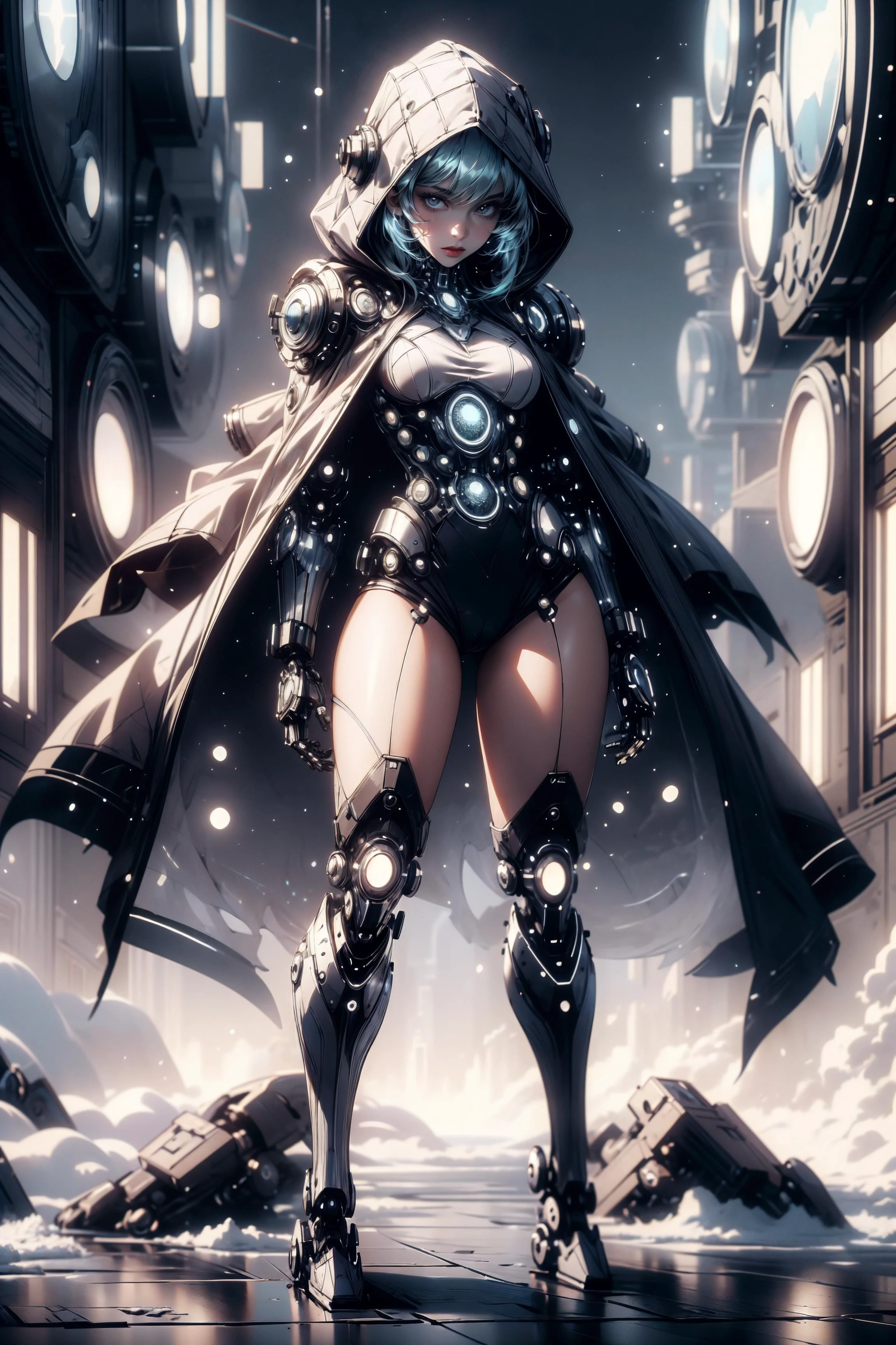 (masterpiece:1.1), (best quality:1.1), (vibrant colors:1.2), BREAK,
(esoteric:1.2), (dieselpunk:1.1), (scifi:1.1), BREAK,
(solo:1.2), (dynamic pose:1.0), (1girl:1.1), (cloak:1.0), (hood:1.0), (mechanical legs:1.1), (looking at viewer:1.0), (ledarraytech:1.0), (frostedstyle:1.1), <lora:LEDarrayTech-20:1.1>, <lora:frosted-style-richy-v1:0.6>,