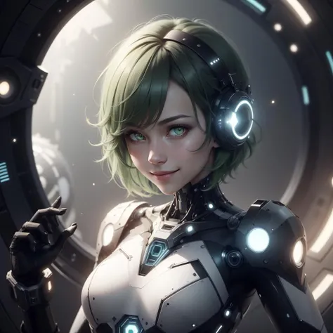 <lora:LEDarrayTech-20:0.8> , ledarraytech , scifi,   geometrical ,   
scholar , scroll, 1girl,short hair, green hair, glowing eyes, smile ,closed mouth,