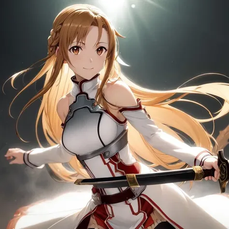 best quality, masterpiece, colorful, dynamic angle, highest detailed)(Asuna Yuuki)\(sword art online\), close-up, fashion photography of cute very light brown long hair girl,(Asuna Yuuki)\(sao\), flirting, light brown eyes, dressing high detailed white&red suit (high resolution textures), braid, breastplate, detached_sleeves, skirt, sword, weapon, in dynamic pose, bokeh, (intricate details, hyperdetailed:1), detailed, sunlight passing through hair, colorful monocromatic splash art background, (high contrast, official \sword art online\ art, extreme detailed, highest detailed),, masterpiece, best quality,