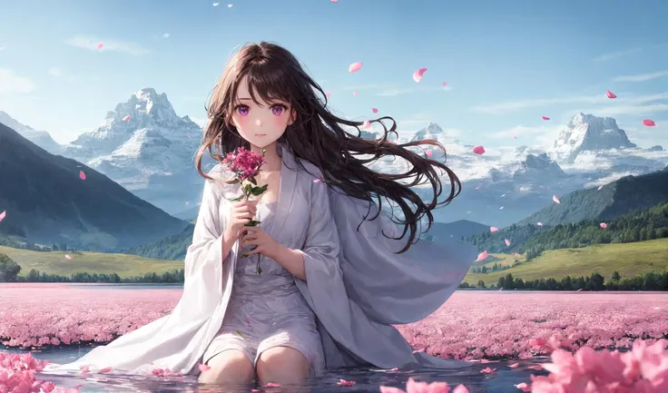 (a girl with long brown hair and purple eye, white robe, sitting in water, long thin braids, looking at viewer:0.9)
mountains at far, beautiful nature, wind, floating pink petals,
water reflection of clear blue sky,(holding a flower)
<lora:light:0.4><lora:more_details:0.3><lora:light:0.3>, masterpiece, best quality,